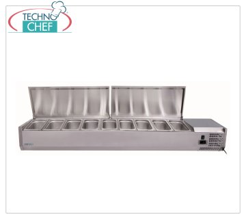 Vetrina Portaingredienti Pizza Inox, Refrigerata, Lunga cm 200, per 10 bacinelle GN 1/4, VETRINA REFRIGERATA orizzontale con struttura e coperchio INOX per INGREDIENTI PIZZA, Temp.+2°/+8°C, linea con PROFONDITA' 335 mm per 10 bacinelle GN 1/4, V.230/1, Kw 0,145,  Peso Kg.54, dim.mm.2000x335x285h.