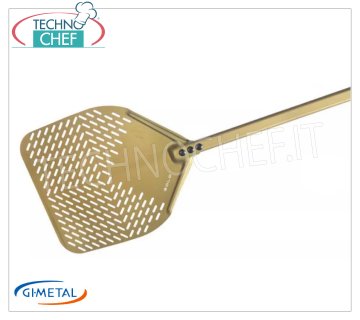 Pala pizza rettangolare forata in alluminio, Linea Gold, lunghezza manico cm 150 Pala pizza rettangolare forata in alluminio, Linea Gold, leggera, scorrevole e resistente, dim.mm 330x330.