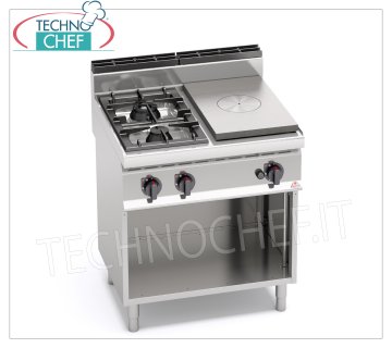 TECHNOCHEF - CUCINA COMBINATA con PIASTRA e 2 FUOCHI su VANO a GIORNO, Kw.17,5, Mod.G7T4P2FM CUCINA COMBINATA con PIASTRA a GAS e 2 FUOCHI su VANO a GIORNO, BERTOS, Linea MACROS 700, Serie HIGH POWER, potenza termica Kw 17,5, Peso 85 Kg, dim.mm.800x700x900h