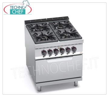 TECHNOCHEF - CUCINA a GAS 4 FUOCHI su FORNO ELETTRICO GN 2/1,  mod. G9F4+FE CUCINA a GAS 4 FUOCHI su FORNO ELETTRICO GN 2/1, BERTOS  Linea MAXIMA 900, Serie HIGH POWER, potenza termica Kw 34,5 + Kw 7,5, Peso 158 Kg, dim.mm.800x900x900h