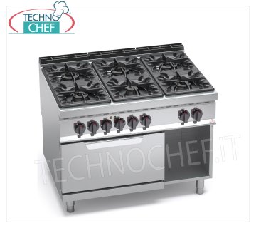 TECHNOCHEF - CUCINA a GAS 6 FUOCHI su FORNO ELETTRICO GN 2/1, Kw.53,5+7,5,  mod. G9F6+FE CUCINA a GAS 6 FUOCHI su FORNO ELETTRICO GN 2/1, BERTOS  Linea MAXIMA 900, Serie HIGH POWER, potenza termica Kw 53,5 + Kw 7,5, Peso 210 Kg, dim.mm.1200x900x900h