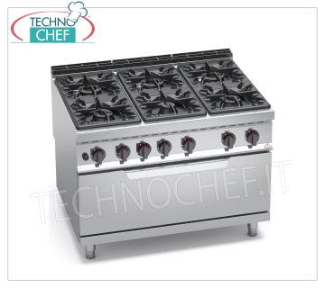 TECHNOCHEF - CUCINA a GAS 6 FUOCHI su FORNO a GAS,  mod. G9F6+T CUCINA a GAS 6 FUOCHI su FORNO a GAS, BERTOS  Linea MAXIMA 900, Serie HIGH POWER, potenza termica tot. Kw.65,5, Peso 226 Kg, dim.mm.1200x900x900h