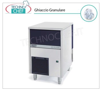 MACCHINA GHIACCIO GRANULARE da 95 Kg/24h, DEPOSITO 20 kg Fabbricatore di ghiaccio granulare, deposito 20 Kg, esterno inox, raffreddato ad aria, V 230/1, Kw 0,55, resa 95 Kg/24 ore, dimensioni mm 500x660x690h, peso Kg 59.