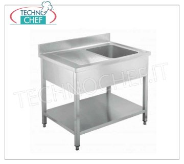 Lavello inox professionale, 1 vasca, 1 gocciolatoio a sinistra, Linea 600 Lavello 1 vasca, con 1 gocciolatoio a sinistra e ripiano inferiore, dimensioni mm 1000x600x950h