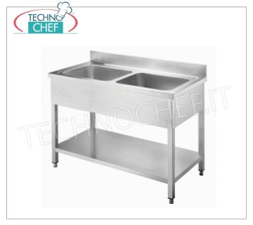 Lavello inox professionale 2 vasche senza gocciolatoio, Linea 700 Lavello 2 vasche da mm 500x500x300 senza gocciolatoio, in versione pannellata con ripiano inferiore, dimensioni mm 1200x700x950h