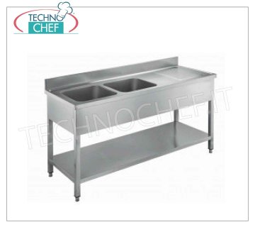 Lavello inox professionale, 2 vasche con gocciolatoio a destra, Linea 600 Lavello 2 vasche da 500x400x250, con gocciolatoio a destra e ripiano inferiore, dimensioni mm 1600x600x950h