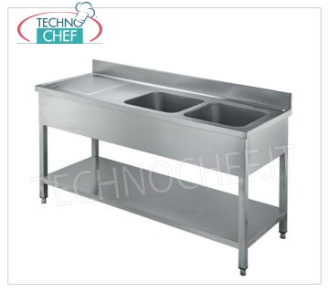 Lavello inox professionale, 2 vasche con gocciolatoio a sinistra, Linea 600 Lavello 2 vasche da mm 500x400x250, con gocciolatoio a sinistra e ripiano inferiore, dimensioni mm 1600x600x950h