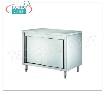 Tavolo armadio inox con porte scorrevoli, Profondo cm 70 Tavolo armadiato Inox neutro, Professionale con porte scorrevoli e ripiano intermedio regolabile, dim. mm 1000x700x850h