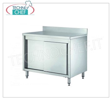 Tavolo armadio inox con porte scorrevoli ed alzatina, profondo cm 60 Tavolo armadio Inox neutro, professionale con porte scorrevoli, Alzatina e ripiano intermedio regolabile, dim. mm 1000x600x850h