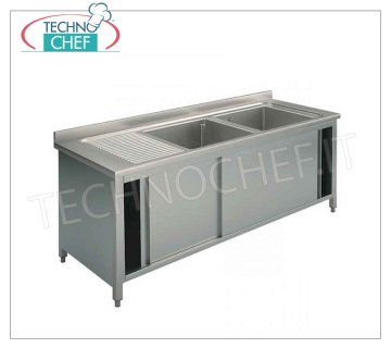 Lavello inox professionale 2 vasche con gocciolatoio a sinistra, Linea 700 Lavello 2 vasche mm 400x500x250, con gocciolatoio a sinistra in versione armadiata con ante scorrevoli, dimensioni mm 1600x700x950h