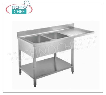 Lavello inox professionale 2 vasche con gocciolatoio a destra a sbalzo, Linea 700 Lavello 2 vasche (mm 500x400x250h) con 1 GOCCIOLATOIO A DESTRA A SBALZO per inserimento lavastoviglie, versione su gambe con ripiano, dimensioni mm 1600x700x950h