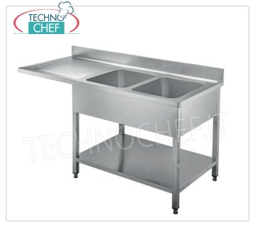 Lavello inox professionale 2 vasche con gocciolatoio a sinistra a sbalzo, Linea 700 Lavello 2 vasche (mm 500x400x250h) con 1 GOCCIOLATOIO A SINISTRA A SBALZO per inserimento lavastoviglie, versione su gambe con ripiano, dimensioni mm 1600x700x950h