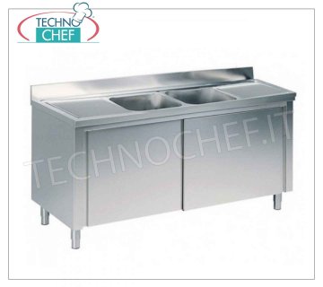 Lavello inox professionale  2 vasche 2 gocciolatoi, Linea 700 Lavello armadiato con 2 vasche (cm. 50x50x30h) CENTRALI, 2 sgocciolatoi ed ante scorrevoli, dimensioni mm. 2000x700x950h.