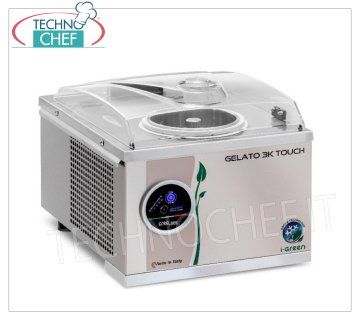 Mantecatore Professionale Inox, Superautomatico, Serie Touch i-Green, Capacità 4,8 lt, mod.GELATO3KTOUCH Mantecatore professionale da banco per gelato e sorbetto, raffreddamento ad aria, carrozzeria e pala in acciaio inox, PRODUZIONE 4,80 litri/h, durata ciclo 12-15 min, V.230/1, kw 0,28, Peso 21,6 Kg, dimensioni mm 340x430x283h