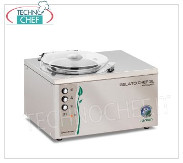 Mantecatore Semiprofessionale Inox, Serie Chef I-Green, Capacità 3 lt, mod.GELATOCHEF3LAUTOMATIC Mantecatore semiprofessionale da banco per gelato e sorbetto, raffreddamento ad aria, carrozzeria e pala in acciaio inox, produzione 3,0 litri/h, durata ciclo 20-25 min, V.230/1, kw 0,16, Peso 15,6 Kg, dimensioni mm 400x345x310h