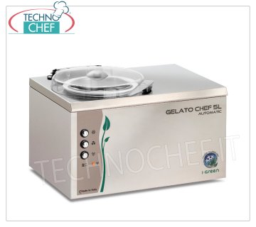 Mantecatore Semiprofessionale Inox, Serie Chef I-Green, Capacità 4,5 lt, mod.GELATOCHEF5LAUTOMATIC Mantecatore semiprofessionale da banco per gelato e sorbetto, raffreddamento ad aria, carrozzeria e pala in acciaio inox, produzione 4,5 litri/h, durata ciclo 20-25 min, V.230/1, kw 0,25, Peso 22 Kg, dimensioni mm 450x345x330h