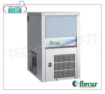 FORCAR - FABBRICATORE DI GHIACCIO in CUBETTI PIENI, resa  20 Kg/24 ore, DEPOSITO 6 kg, Professionale Produttore-Fabbricatore di ghiaccio a cubetti pieni, deposito 6 Kg, esterno inox, raffreddamento ad aria, V 230/1, Kw 0,32, resa 20 Kg/24 ore, dimensioni mm 355x404x590 h, peso Kg 28.