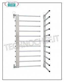 Portateglie pizza-pasticceria da Parete Pieghevole a Pioli, Portateglie da muro in acciaio inox, capacità 11 teglie anche di dimensioni non standard, passo Netto fra Teglia e Teglia: 80 mm, con cerniere per ruotarlo lungo il muro quando è scarico, dim. mm 490x410x830h