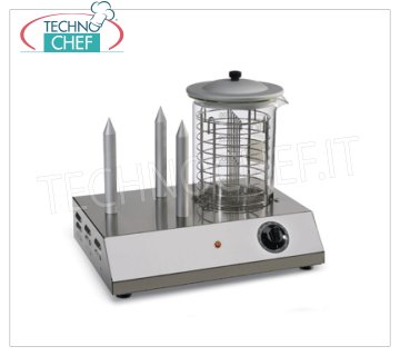 TECHNOCHEF - Macchina per Hot Dog a 3 Punzoni e Cilindro Scalda wurstel, Mod.HOTDOGY09/3 Hot Dog Machine con 3 PUNZONI Scaldapanini, Cilindro Scalda Wurstel a vapore, capacità würstel n.30, regolazione della potenza con simostato, V.230/1, Kw.0,6, Peso 9,5 Kg, dim.mm.450x320x365h