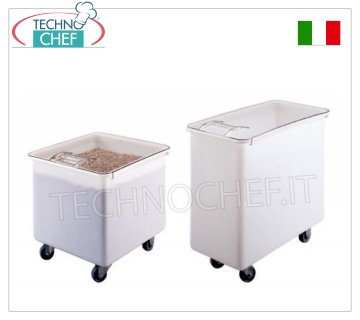 TRAMOGGIA CARRELLATA in POLIETILENE con COPERCHIO TRAMOGGIA in POLIETILENE BIANCO CARRELLATA, capacità 121 litri, ANGOLI ARROTONDATI, completa di COPERCHIO SCORREVOLE in POLICARBONATO TRASPARENTE, dimensioni mm 560x610x585h