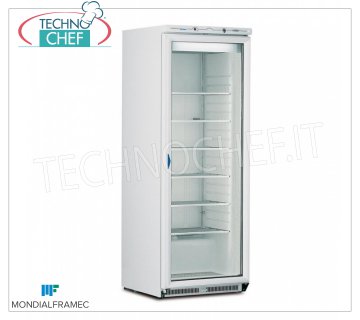 MONDIAL FRAMEC - Armadio Congelatore-Freezer 1 porta vetro, lt.580, Classe E, Mod.ICEPLUSN60 Armadio Congelatore-Freezer 1 porta vetro, struttura esterna in lamiera d'acciaio bianca, capacità 580 lt, temperatura -15°/-25°C, STATICO con EVAPORATORE a GRIGLIE FISSE con CATTURA BRINA, Classe E, V.230/1, Kw 0,82, Peso 125 Kg, dim.mm.775x740x1880