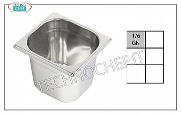 Bacinelle Gastronorm GN 1/6 in acciaio inox Bacinella Gastro-norm 1/6, inox 18/10, Capacità lt.1,6, dim.mm.176 x 162 x 100 h