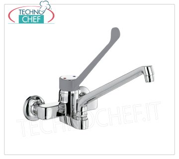 Rubinetto miscelatore biforo a parete Rubinetto miscelatore biforo a parete, monocomando con leva clinica e con canna girevole da 220 mm