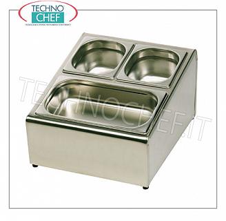 Espositore per bacinelle gastronorm Espositore Gastronorm in acciaio inox, capacità 4 bacinelle GN 1/6 (mm 176x162), h 150 mm, dim.mm.350x415x235h