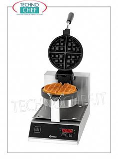 MACCHINA per WAFFLE con PIASTRA di COTTURA in GHISA RUOTABILE Macchina per Waffle con piastra cottura in ghisa ruotabile di 180°, comandi digitali, V. 230/1, Kw 1,00, peso 10,5 Kg, dim.mm.250x280x385h