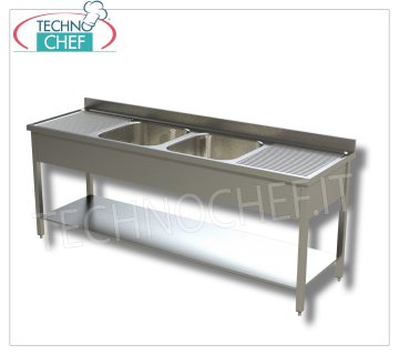 Lavello inox professionale 2 vasche CENTRALI e 2 gocciolatoi, Linea 600 Lavello 2 vasche da mm 500x400x250 con 2 gocciolatoi e ripiano inferiore, dimensioni mm 2000x600x950h