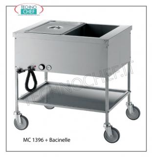 TECHNOCHEF - Carrello caldo a bagnomaria, Mod.MC1396 Carrello termico bagnomaria in acciaio inox 18/10, vasca coibentata per 2 bacinelle gastro-norm 1/1, H 200mm (escluse), ripiano inferiore asportabile, V 230/1, KW 1,95, dim.mm 820x600x850h