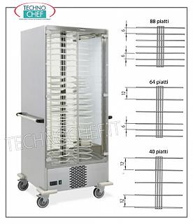 Carrello portapiatti refrigerati, capacità di: 40-64-88 Piatti diametro max 310 mm CARRELLO PORTAPIATTI PRONTI REFRIGERATO, versione con GRIGLIE PORTAPIATTI PASSO 120 MM. per un MASSIMO di 40 PIATTI con DIAMETRO da 240 a 310 mm., temperatura di lavoro compresa fra +6/+10 °C, V.230/1, Kw.0,7, dimensioni mm.830x770x1900h