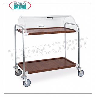 Carrelli per dolci e formaggi in legno Carrello con cupola semicilindrica aperta sui 2 lati, 2 ripiani in acciaio ricoperti simil legno da mm.900x520, struttura in tubo di acciaio cromato, dim.mm 1090x590x1220h