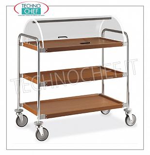 Carrelli per dolci e formaggi in legno Carrello con cupola semicilindrica aperta sui 2 lati, 3 ripiani in acciaio ricoperti simil legno da mm.900x520, struttura in tubo di acciaio cromato, dim.mm 1090x590x1220h
