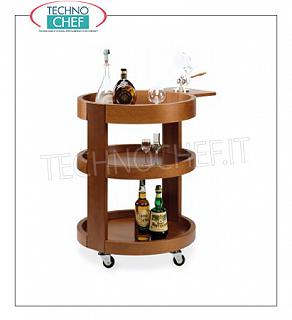 Carrello per liquori rotondo in legno massello color NOCE, con pianetto laterale richiudibile, dim. mm. 590x800h