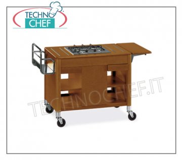 Technochef - CARRELLO FLAMBE' in legno con 2 FUOCHI in linea, Mod.6400 Carrello flambe' in Legno con 2 fuochi in linea, Portabottiglie, Ribatina laterale, vano centrale Porta Bombola, piani e Cassetti, dimensioni mm 1180x550x810h
