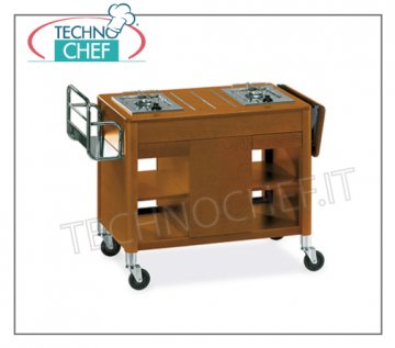 Technochef - CARRELLO FLAMBE' in legno, 2 FUOCHI SEPARATI, Mod.6402 Carrello flambe' in legno con 2 fuochi separati, Portabottiglie, Ribaltina laterale, vano centrale porta Bombola, piani e cassetti,dim. mm 1180x550x810h