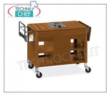 Technochef - CARRELLO FLAMBE' in legno, 1 FUOCO centrale, Mod.6404 Carrello flambe' in legno con 1 fuoco centrale, Portabottiglie, Ribaltina laterale, vano centrale porta Bombola, piani e cassetti, dim. mm 1180x550x810h