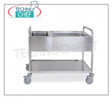 Carrello inox da sbarazzo per raccolta differenziata Carrello per raccolta differenziata in acciaio inox 18/10, piano con 1 bacinella GN 2/1 alta 200mm e 2 bacinelle Gn 1/2 alte 20 cm, ripiano inferiore, dim.mm 1050x620x1050h