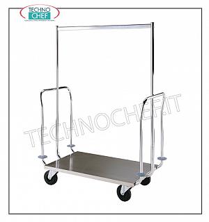 Technochef - CARRELLI  APPENDIABITI e PORTABAGAGLI con APPENDIABITI e 2 Sponde, art. 1795 Carrello portabiti e portabagagli, piano in lamiera di acciaio inox AISI 304 18/10, finitura spazzolata, struttura appendiabiti in tubo di acciaio cromato, anelli paracolpi in gomma grigia agli angoli, dim cm. 111x57x153h