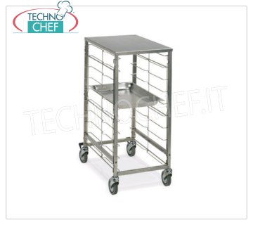 CARRELLO per 9 TEGLIE Gastro-Norm 1/1 con  PIANO SUPERIORE, Mod.2080 CARRELLO PORTATEGLIE con PIANO di APPOGGIO SUPERIORE INOX, con Guide in filo di acciaio inox per 9 TEGLIE GN 1/1 (mm 530x325), dim.mm.420x590x870h