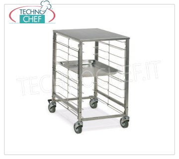 TECHNOCHEF - CARRELLO per 9 TEGLIE GN 2/1 con PIANO SUPERIORE INOX, Mod.2082 CARRELLO PORTATEGLIE con PIANO di APPOGGIO SUPERIORE INOX, con Guide in filo di acciaio inox per 9 TEGLIE GN 2/1 (mm 530x650), dim.mm.620x690x870h