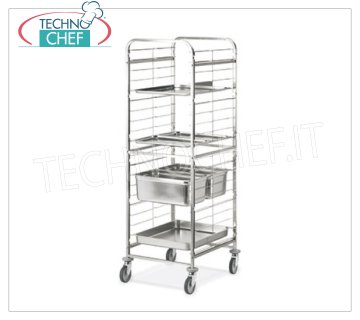 TECHNOCHEF - CARRELLO INOX per 20 TEGLIE GN 2/1, Mod.2092 CARRELLO PORTATEGLIE con Guide in filo di acciaio inox per 20 TEGLIE GN 2/1 (mm 530x650), dim.mm.670x730x1810h