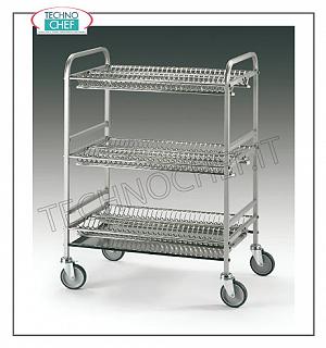 Carrelli scolapiatti/bicchieri Carrello scolapiatti e bicchieri a 3 piani, struttura in tubo di acciaio inox AISI304 18/10, griglie portapiatti in lamiera di acciaio inox, cestello scolabicchieri estraibile in ABS termoformato, vasca raccogligocce estraibile, capacità 180 piatti/bicchi