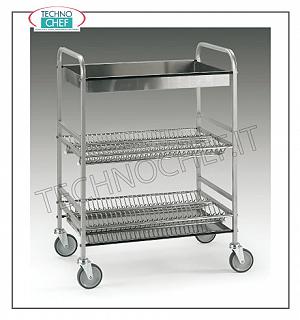 Carrelli scolapiatti/bicchieri Carrello scolapiatti e bicchieri a 2 piani + cestello scolabicchieri, struttura in tubo di acciaio inox AISI304 18/10, griglie portapiatti in lamiera di acciaio inox, cestello scolabicchieri estraibile in ABS termoformato, vasca raccogligocce estraibile,