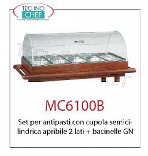 Carrelli di servizio in legno Set per antipasti con cupola semicilindrica apribile 2 lati + bacinelle GN, dim mm. 940x530x350h