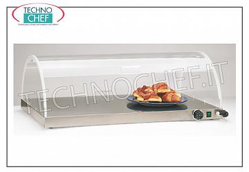 Piani caldi in acciaio inox PIANO CALDO di mantenimento, in ACCIAIO INOX 18/10 con CUPOLA in PLEXIGLASS, apertura a compasso da 1 lato, V 230/1, Kw 0,45, dimensioni mm 920x520x330h