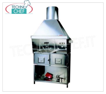 GRIGLIA ROMAGNA - Technochef, Griglia/Cucina Romagna a carbone vegetale con 2 bracieri Griglia Romagna a carbone vegetale con 2 bracieri, completa di cappa aspirante con relativo motore e supporto base verniciato Nero, V.230/1, Kw.0,75, Peso 170 Kg, dim.mm.1100x850x2360h.