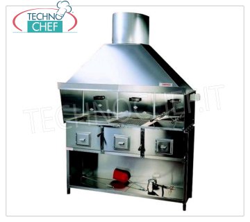 GRIGLIA ROMAGNA - Technochef, Griglia/Cucina Romagna a carbone vegetale con 3 bracieri Griglia Romagna a carbone vegetale con 3 bracieri, completa di cappa aspirante con relativo motore e supporto base Verniciato  Nero, V.230/1, Kw.0,75, Peso 200 Kg, dim.mm.1620x850x2410h.