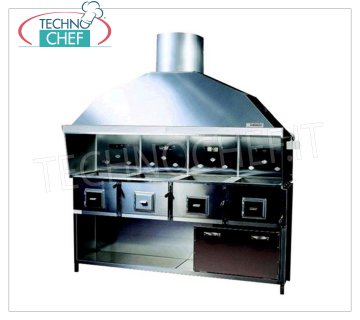 GRIGLIA ROMAGNA - Technochef, Griglia/Cucina Romagna a carbone vegetale con 4 bracieri Griglia Romagna a carbone vegetale con 4 bracieri, completa di cappa aspirante con relativo motore e supporto base INOX, V.230/1, Kw.0,75, Peso 230 Kg, dim.mm.2150x850x2410h.